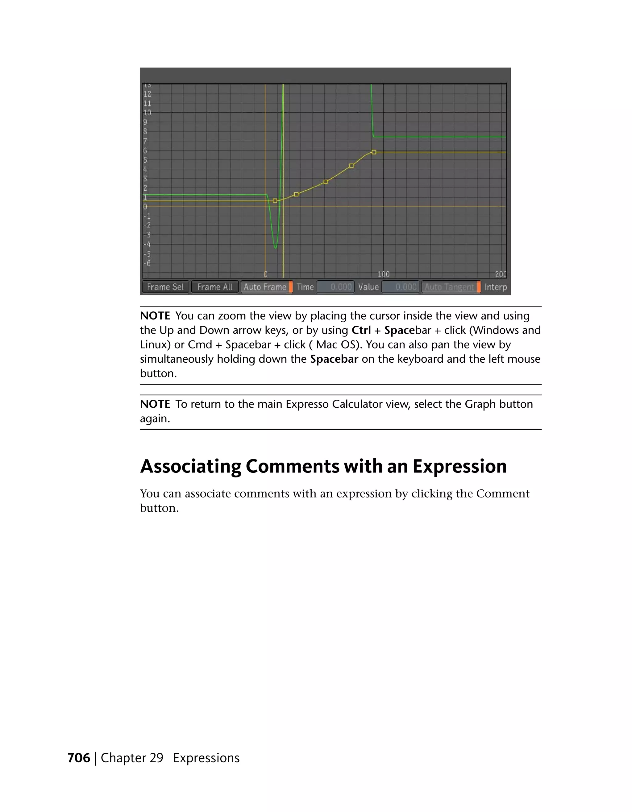 NOTE You can zoom the view by placing the cursor inside the view and using
           the Up and Down arrow keys, or by using Ctrl + Spacebar + click (Windows and
           Linux) or Cmd + Spacebar + click ( Mac OS). You can also pan the view by
           simultaneously holding down the Spacebar on the keyboard and the left mouse
           button.

           NOTE To return to the main Expresso Calculator view, select the Graph button
           again.



           Associating Comments with an Expression
           You can associate comments with an expression by clicking the Comment
           button.




706 | Chapter 29 Expressions
 