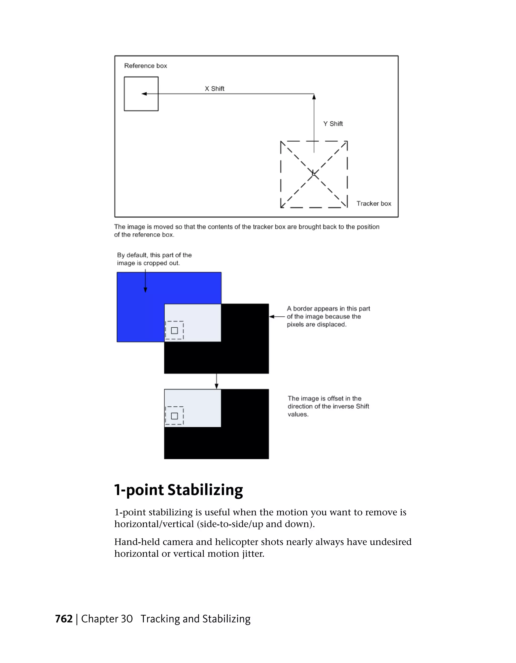 1-point Stabilizing
            1-point stabilizing is useful when the motion you want to remove is
            horizontal/vertical (side-to-side/up and down).
            Hand-held camera and helicopter shots nearly always have undesired
            horizontal or vertical motion jitter.




762 | Chapter 30 Tracking and Stabilizing
 