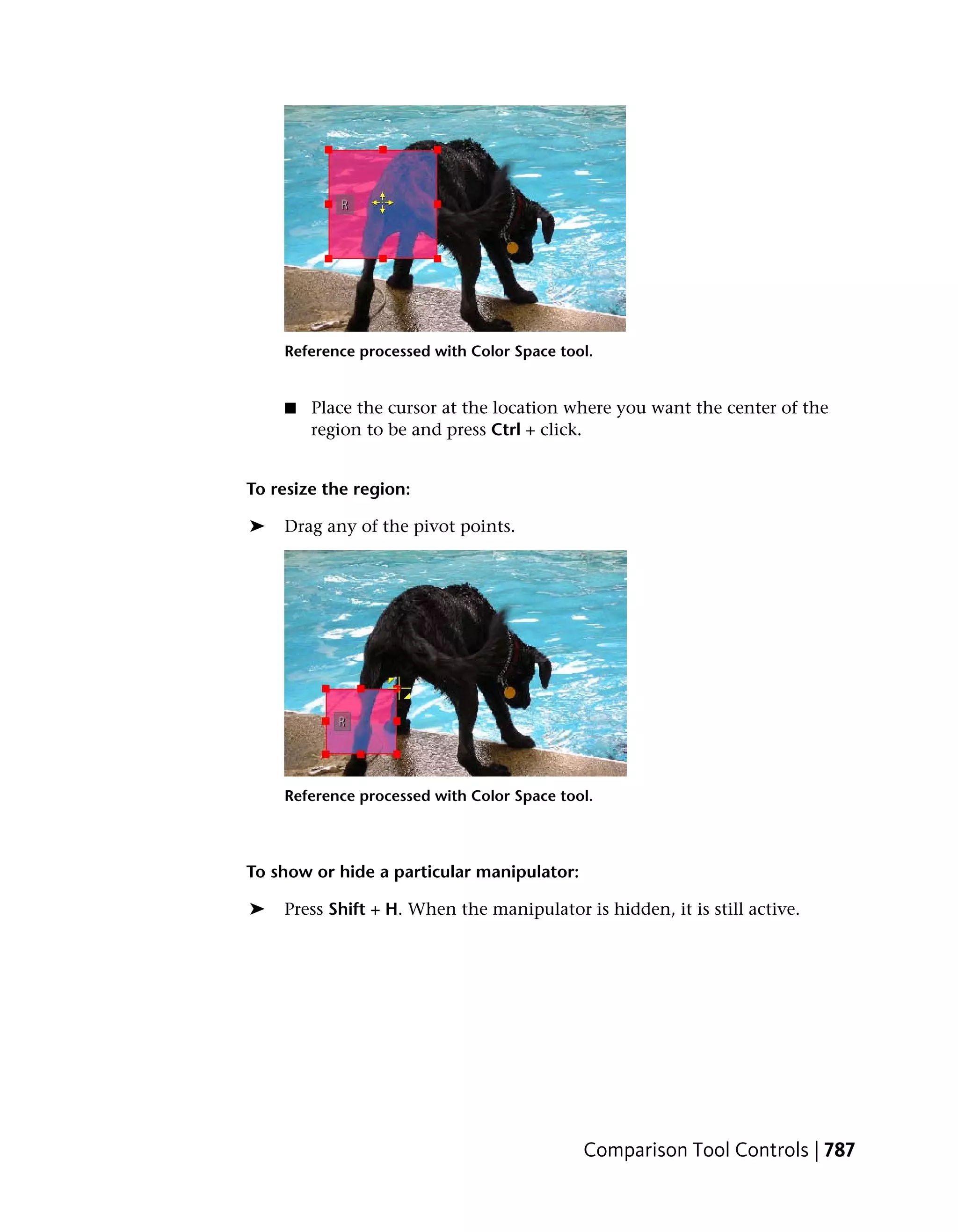 Reference processed with Color Space tool.


    ■   Place the cursor at the location where you want the center of the
        region to be and press Ctrl + click.


To resize the region:

➤   Drag any of the pivot points.




    Reference processed with Color Space tool.




To show or hide a particular manipulator:

➤   Press Shift + H. When the manipulator is hidden, it is still active.




                                            Comparison Tool Controls | 787
 