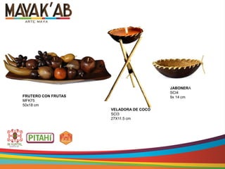 FRUTERO CON FRUTAS
MFK75
50x18 cm
JABONERA
SCI4
9x 14 cm
VELADORA DE COCO
SCI3
27X11.5 cm
 
