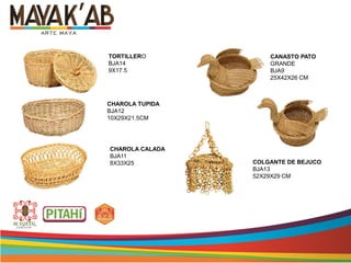 CANASTO PATO
GRANDE
BJA9
25X42X26 CM
CHAROLA TUPIDA
BJA12
10X29X21.5CM
CHAROLA CALADA
BJA11
8X33X25
TORTILLERO
BJA14
9X17.5
COLGANTE DE BEJUCO
BJA13
52X29X29 CM
 