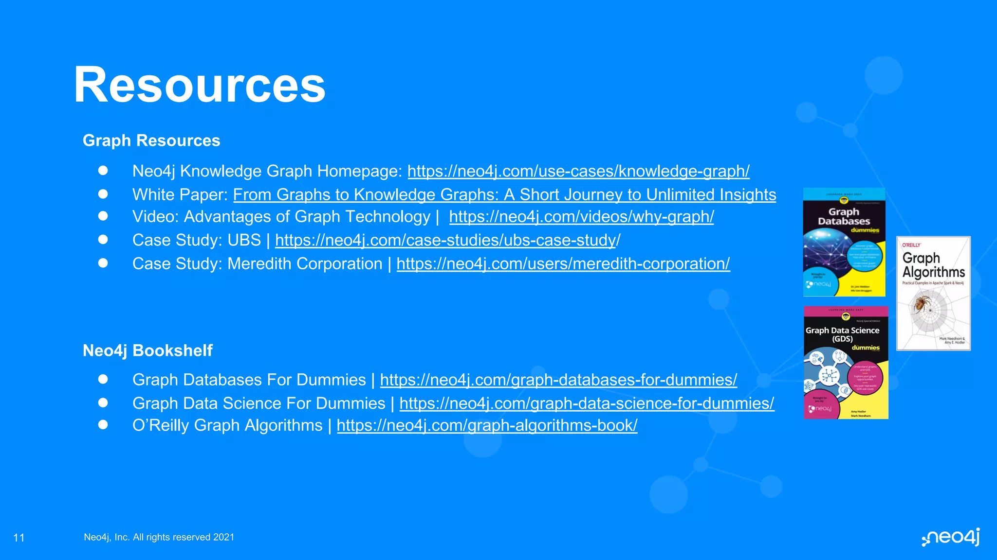 Neo4j, Inc. All rights reserved 2021
Neo4j, Inc. All rights reserved 2021
11
Resources
Graph Resources
● Neo4j Knowledge Graph Homepage: https://neo4j.com/use-cases/knowledge-graph/
● White Paper: From Graphs to Knowledge Graphs: A Short Journey to Unlimited Insights
● Video: Advantages of Graph Technology | https://neo4j.com/videos/why-graph/
● Case Study: UBS | https://neo4j.com/case-studies/ubs-case-study/
● Case Study: Meredith Corporation | https://neo4j.com/users/meredith-corporation/
Neo4j Bookshelf
● Graph Databases For Dummies | https://neo4j.com/graph-databases-for-dummies/
● Graph Data Science For Dummies | https://neo4j.com/graph-data-science-for-dummies/
● O’Reilly Graph Algorithms | https://neo4j.com/graph-algorithms-book/
 