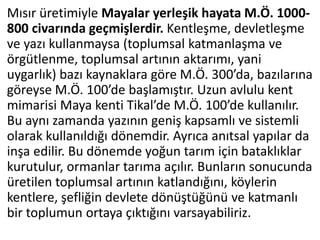 Mısır üretimiyle Mayalar yerleşik hayata M.Ö. 1000-
800 civarında geçmişlerdir. Kentleşme, devletleşme
ve yazı kullanmaysa (toplumsal katmanlaşma ve
örgütlenme, toplumsal artının aktarımı, yani
uygarlık) bazı kaynaklara göre M.Ö. 300’da, bazılarına
göreyse M.Ö. 100’de başlamıştır. Uzun avlulu kent
mimarisi Maya kenti Tikal’de M.Ö. 100’de kullanılır.
Bu aynı zamanda yazının geniş kapsamlı ve sistemli
olarak kullanıldığı dönemdir. Ayrıca anıtsal yapılar da
inşa edilir. Bu dönemde yoğun tarım için bataklıklar
kurutulur, ormanlar tarıma açılır. Bunların sonucunda
üretilen toplumsal artının katlandığını, köylerin
kentlere, şefliğin devlete dönüştüğünü ve katmanlı
bir toplumun ortaya çıktığını varsayabiliriz.
 