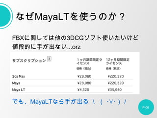 FBXvƤ3DCGեʹ
εĤ֤ʤ...orz
P-06
ʤMayaLTʹΤ
Ǥ⡢MayaLTʤ֤   ???
 