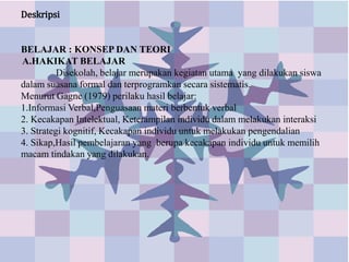 Deskripsi


BELAJAR : KONSEP DAN TEORI
A.HAKIKAT BELAJAR
          Disekolah, belajar merupakan kegiatan utama yang dilakukan siswa
dalam suasana formal dan terprogramkan secara sistematis.
Menurut Gagne (1979) perilaku hasil belajar:
1.Informasi Verbal,Penguasaan materi berbentuk verbal
2. Kecakapan Intelektual, Keterampilan individu dalam melakukan interaksi
3. Strategi kognitif, Kecakapan individu untuk melakukan pengendalian
4. Sikap,Hasil pembelajaran yang berupa kecakapan individu untuk memilih
macam tindakan yang dilakukan.
 