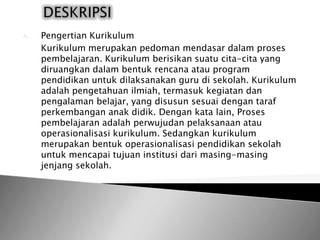 A.   Pengertian Kurikulum
     Kurikulum merupakan pedoman mendasar dalam proses
     pembelajaran. Kurikulum berisikan suatu cita-cita yang
     diruangkan dalam bentuk rencana atau program
     pendidikan untuk dilaksanakan guru di sekolah. Kurikulum
     adalah pengetahuan ilmiah, termasuk kegiatan dan
     pengalaman belajar, yang disusun sesuai dengan taraf
     perkembangan anak didik. Dengan kata lain, Proses
     pembelajaran adalah perwujudan pelaksanaan atau
     operasionalisasi kurikulum. Sedangkan kurikulum
     merupakan bentuk operasionalisasi pendidikan sekolah
     untuk mencapai tujuan institusi dari masing-masing
     jenjang sekolah.
 