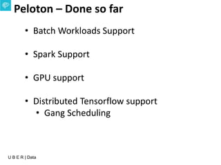 U B E R | Data
Peloton – Done so far
• Batch Workloads Support
• Spark Support
• GPU support
• Distributed Tensorflow support
• Gang Scheduling
 