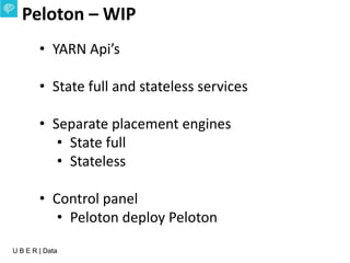 U B E R | Data
Peloton – WIP
• YARN Api’s
• State full and stateless services
• Separate placement engines
• State full
• Stateless
• Control panel
• Peloton deploy Peloton
 