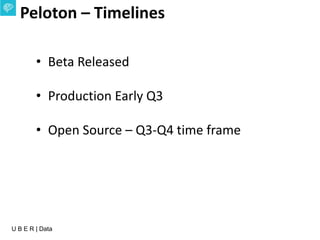 U B E R | Data
Peloton – Timelines
• Beta Released
• Production Early Q3
• Open Source – Q3-Q4 time frame
 