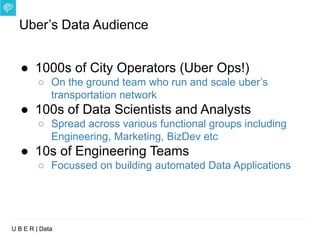 U B E R | Data
Uber’s Data Audience
● 1000s of City Operators (Uber Ops!)
○ On the ground team who run and scale uber’s
transportation network
● 100s of Data Scientists and Analysts
○ Spread across various functional groups including
Engineering, Marketing, BizDev etc
● 10s of Engineering Teams
○ Focussed on building automated Data Applications
 