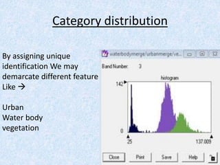 Category distribution
By assigning unique
identification We may
demarcate different feature
Like 
Urban
Water body
vegetation
 