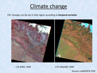 Climate change
Source–LANDSAT4-5TM
1 APRIL 1999 2 JANUARY 1999
FIG. Changes can be see in hilly region according to temporal variation
 