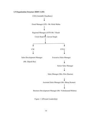 13 
1.5 Organization Structure HDFC LIFE 
CEO (Amitabh Chaudhary) 
Zonal Manager (VP) - Mr. Rishi Mehta 
Regional Manager (AVP)-Mr. Vikash 
Circle Head-Mr. Jeevan Singla 
CM CFLS 
Sales Development Manager Executive Sales Manager 
(Mr. Dipesh Rai) 
Senior Sales Manager 
Sales Manager (Mrs. Ritu Sharma) 
Assistant Sales Manager (Mr. Dhiraj Kumar) 
Business Development Manager (Mr. Vishokanand Mishra) 
Figure: 1.3(Present Leadership) 
 