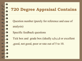 720 Degree Appraisal Contains
Question number (purely for reference and ease of
analysis)
Specific feedback questions
Tick box and grade box (ideally a,b,c,d or excellent
,good, not good, poor or rate out of 5 to 10.
 