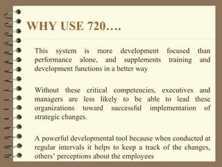 WHY USE 720….
This system is more development focused than
performance alone, and supplements training and
development functions in a better way
Without these critical competencies, executives and
managers are less likely to be able to lead these
organizations toward successful implementation of
strategic changes.
A powerful developmental tool because when conducted at
regular intervals it helps to keep a track of the changes,
others’ perceptions about the employees
 