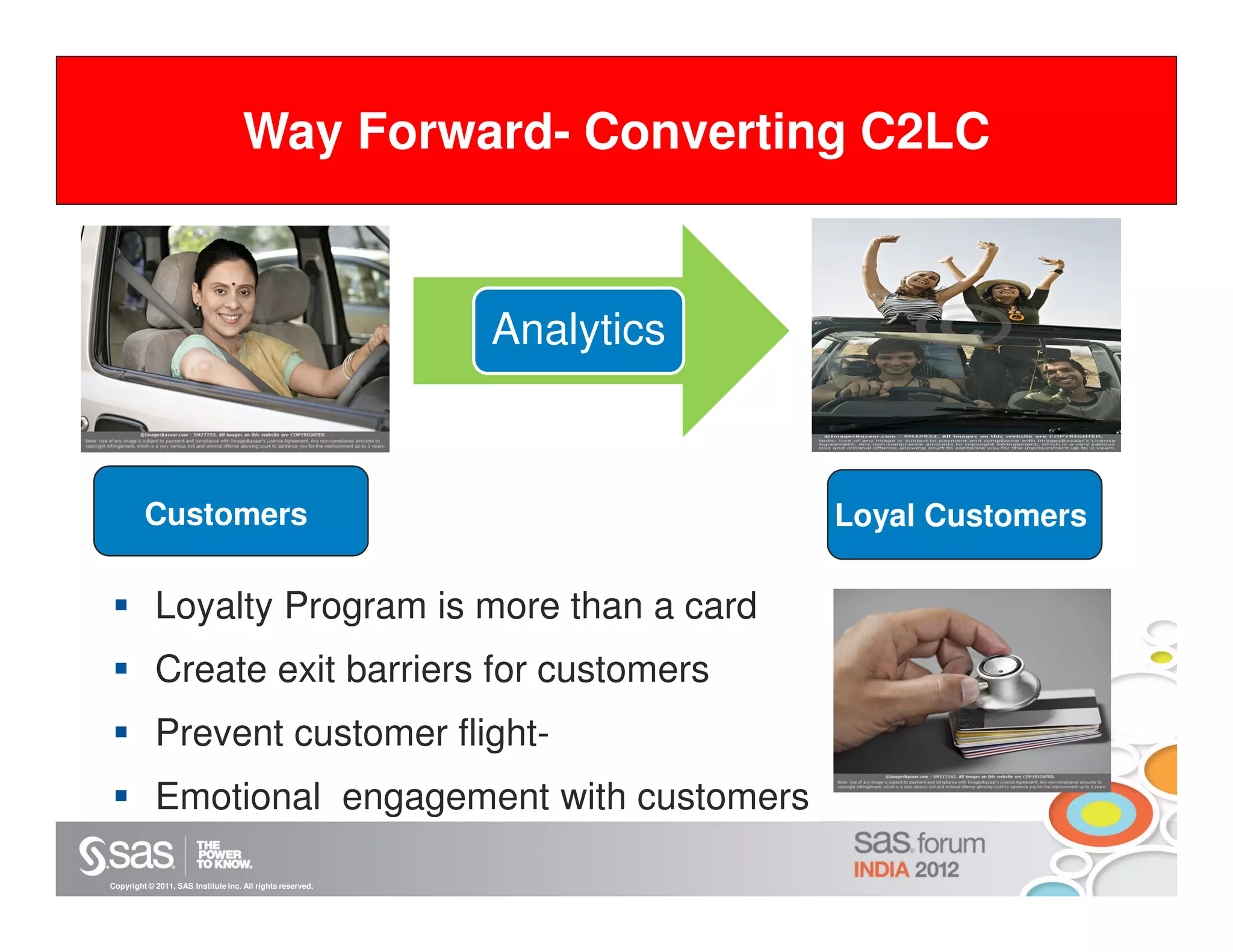 Way Forward- Converting C2LC


                                                            Analytics



         Customers                                                      Loyal Customers

            Loyalty Program is more than a card
            Create exit barriers for customers
            Prevent customer flight-
            Emotional engagement with customers

Copyright © 2011, SAS Institute Inc. All rights reserved.
 