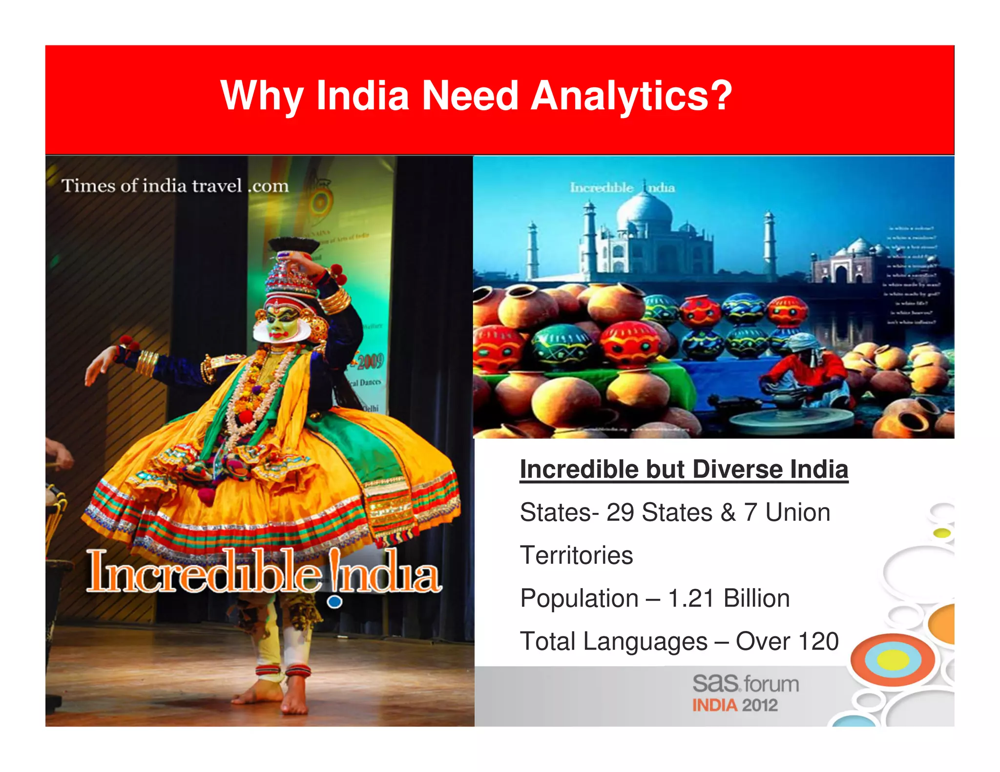 Why India Need Analytics?




                                                            Incredible but Diverse India
                                                            States- 29 States & 7 Union
                                                            Territories
                                                            Population – 1.21 Billion
                                                            Total Languages – Over 120

Copyright © 2011, SAS Institute Inc. All rights reserved.
 