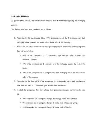5.1 Results &Findings
As per the Data Analysis, the data has been extracted from 5 companies regarding the packaging
concept.
The findings that have been concluded are as follows:
1. According to the questionnaire filled, 100% companies i.e. all the 5 companies says that
packaging of the products has a vital effect on the sales in the company.
2. Now if we talk about what kind of effect packaging makes on the sales of the companies
then it is given below:
 40% of the companies i.e. 2 companies says that packaging increases the
customer’s demand.
 40% of the companies i.e. 2 companies says that packaging reduces the cost of the
product
 20% of the companies i.e. 1 company says that packaging makes no effect on the
sales of the company
3. According to the data, 60% of the companies i.e. 3 companies packs their products at
their own and 40% i.e. 2 companies gets it done from the outside.
4. I asked the companies, how they change their packaging strategies and the results was
this:
 20% companies i.e. 1 company changes its strategy on the basis of Price.
 0% companies i.e. no company changes it on the basis of class/age group.
 20% companies i.e. 1 company changes it on the basis of Gender.
 