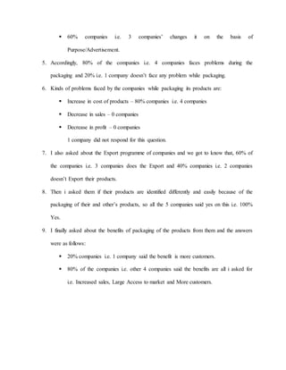  60% companies i.e. 3 companies’ changes it on the basis of
Purpose/Advertisement.
5. Accordingly, 80% of the companies i.e. 4 companies faces problems during the
packaging and 20% i.e. 1 company doesn’t face any problem while packaging.
6. Kinds of problems faced by the companies while packaging its products are:
 Increase in cost of products – 80% companies i.e. 4 companies
 Decrease in sales – 0 companies
 Decrease in profit – 0 companies
1 company did not respond for this question.
7. I also asked about the Export programme of companies and we got to know that, 60% of
the companies i.e. 3 companies does the Export and 40% companies i.e. 2 companies
doesn’t Export their products.
8. Then i asked them if their products are identified differently and easily because of the
packaging of their and other’s products, so all the 5 companies said yes on this i.e. 100%
Yes.
9. I finally asked about the benefits of packaging of the products from them and the answers
were as follows:
 20% companies i.e. 1 company said the benefit is more customers.
 80% of the companies i.e. other 4 companies said the benefits are all i asked for
i.e. Increased sales, Large Access to market and More customers.
 
