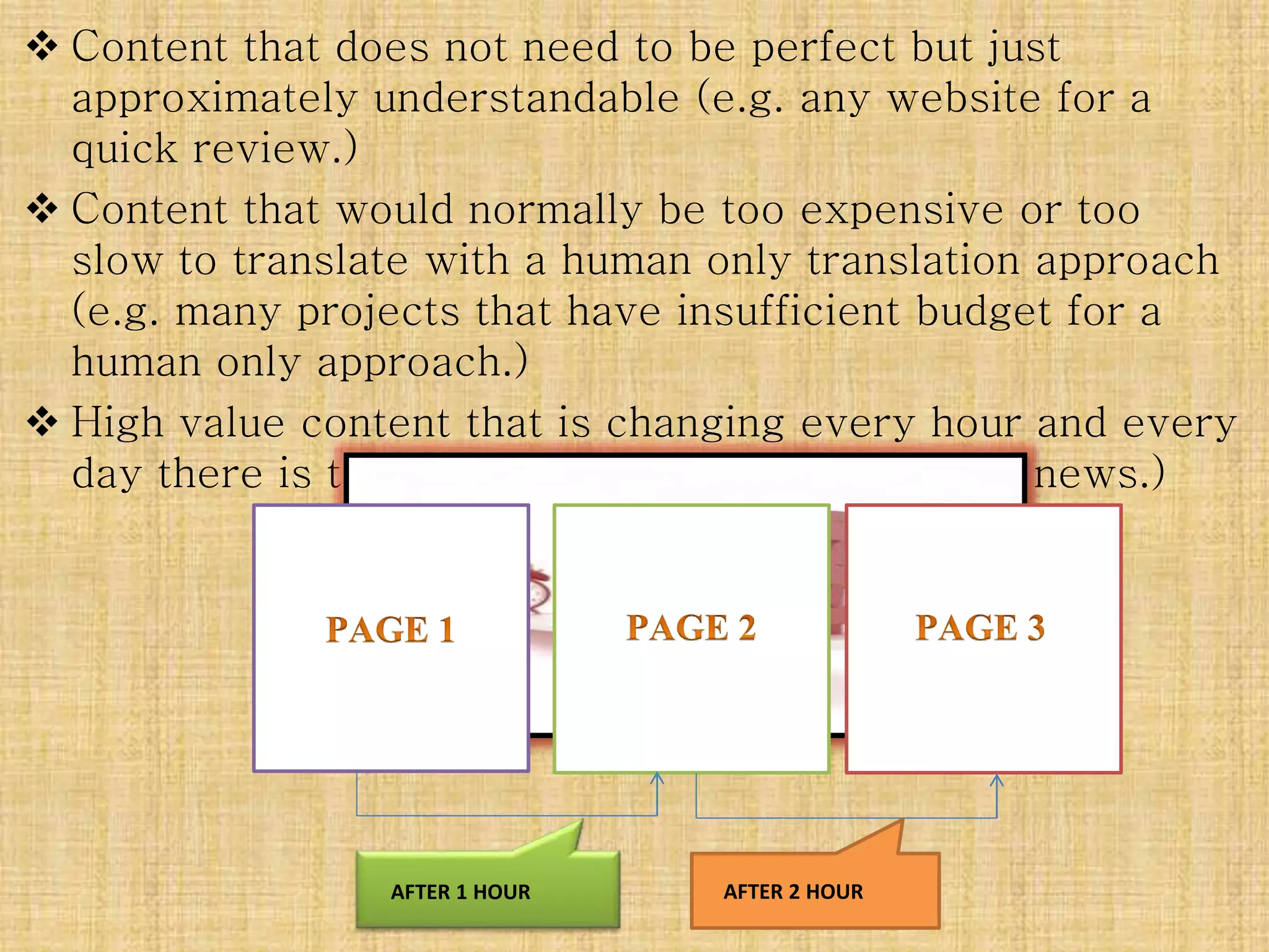  Content that does not need to be perfect but just
approximately understandable (e.g. any website for a
quick review.)
 Content that would normally be too expensive or too
slow to translate with a human only translation approach
(e.g. many projects that have insufficient budget for a
human only approach.)
 High value content that is changing every hour and every
day there is time sensitivity (e.g. stock market news.)
AFTER 1 HOUR AFTER 2 HOUR
 