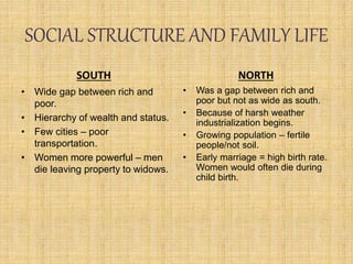 SOCIAL STRUCTURE AND FAMILY LIFE
SOUTH
• Wide gap between rich and
poor.
• Hierarchy of wealth and status.
• Few cities – poor
transportation.
• Women more powerful – men
die leaving property to widows.
NORTH
• Was a gap between rich and
poor but not as wide as south.
• Because of harsh weather
industrialization begins.
• Growing population – fertile
people/not soil.
• Early marriage = high birth rate.
Women would often die during
child birth.
 