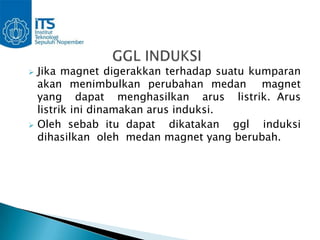    Jika magnet digerakkan terhadap suatu kumparan
    akan menimbulkan perubahan medan magnet
    yang dapat menghasilkan arus listrik. Arus
    listrik ini dinamakan arus induksi.
   Oleh sebab itu dapat dikatakan ggl induksi
    dihasilkan oleh medan magnet yang berubah.
 