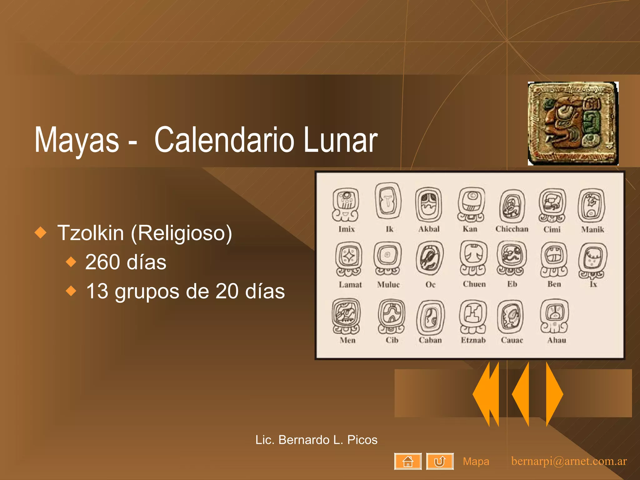 Mayas -  Calendario Lunar Tzolkin (Religioso) 260 días 13 grupos de 20 días Lic. Bernardo L. Picos Mapa 