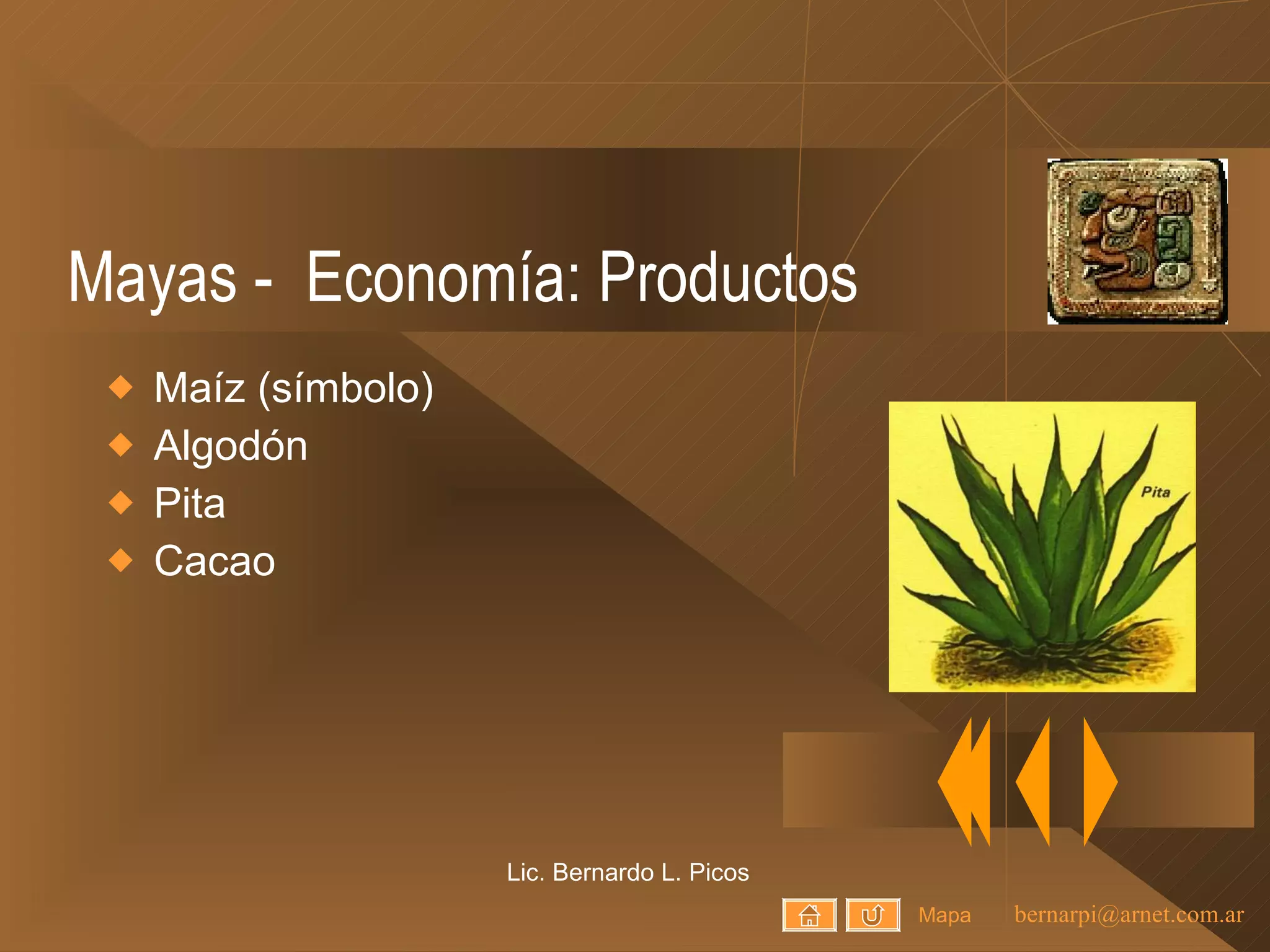 Mayas -  Economía: Productos Maíz (símbolo) Algodón Pita Cacao Lic. Bernardo L. Picos Mapa 