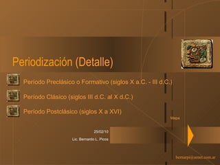Periodización  (Detalle) Período Preclásico o Formativo (siglos X a.C. - III d.C.) Período Clásico (siglos III d.C. al X d...