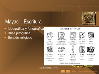Mayas -  Escritura Ideográfica y fonográfica Base jeroglífica Sentido religioso Lic. Bernardo L. Picos Mapa 