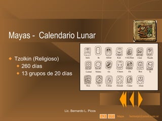 Mayas -  Calendario Lunar Tzolkin (Religioso) 260 días 13 grupos de 20 días Lic. Bernardo L. Picos Mapa 