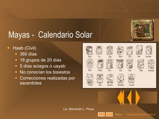 Mayas -  Calendario Solar Haab (Civil) 360 días 18 grupos de 20 días 5 días aciagos o uayeb No conocían los bisiestos Correcciones realizadas por sacerdotes Lic. Bernardo L. Picos Mapa 