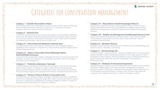 Categories for conservation management
‐ Category I – Scientific Reserve/Strict Nature
Reserve areas with some outstanding ecosystem features and/or species of flora and
fauna of national scientific importance. Concern is for continuance of natural
processes and strict control of human interference.
‐ Category II – National Park
A relatively large area where one or several ecosystems are not materially altered by
human use, the highest competent government authority has taken steps to prevent
or control such alteration, and visitors are allowed to enter, under special conditions
for inspirational, educative, cultural, and recreative uses.
‐ Category III – Natural Monument/Natural Landmark Area
normally contains one or more specific natural features of outstanding national
significance which because of uniqueness or rarity should be protected. Ideally little or
no sign of human activity.
‐ Category IV – Nature Conservation Reserve/Managed Nature
Reserve/Wildlife Sanctuary
A variety of areas fall into this category. Although each has as its primary purpose the
protection of nature, the production of harvestable renewable resources may play a
secondary role in management.
‐ Category V – Protected Landscape or Seascape
A broad category embracing a wide variety of semi-natural and cultural landscapes
within various nations. In general, two types of areas, those where landscapes
possess special aesthetic qualities resulting from human–land interaction and those
that are primarily natural areas managed intensively for recreational and tourist uses.
‐ Category VI – Resource Reserve (Interim Conservation Unit)
Normally extensive, relatively isolated, and lightly inhabited areas under considerable
pressure for colonization and greater exploration. Often not well understood in natural,
land use, or cultural terms. Maintenance of existing conditions to allow for studies of
potential uses and their effects as a basis for decisions.
‐ Category VII – Natural Biotic Area/Anthropological Reserve
Natural areas where the influence or technology of modern humans has not
significantly interfered with or been absorbed by the traditional ways of life of
inhabitants. Management is oriented to maintenance of habitat for traditional
societies.
‐ Category VIII – Multiple Use Management Area/Managed Resource Area
Large areas suitable for production of wood products, water, pasture, wildlife,
marine products, and outdoor recreation. May contain nationally unique or
exceptional natural features.
‐ Category IX – Biosphere Reserve
Biosphere reserves provide benchmarks for monitoring environmental change and
areas for science, education, and training.
‐ Category X – World Heritage Site
To protect natural – and also cultural – features considered to be of world heritage
quality; examples include outstanding illustrations of the major stages of earth’s
evolutionary history, habitats where populations of rare or endangered species of
plants and animals still survive, and also outstanding archaeological or
architectural sites.
‐ Category XI – Wetlands of International Importance
(Ramsar) Marshes, swamps, and other wetlands of value for flood control, nutrient
production, wildlife habitat, and related purposes. Management procedures
designed to prevent destruction and deterioration through national agreement to
an international convention known as Ramsar after the site in Iran where the
convention was initially agreed to by a number of founding countries.
12
 