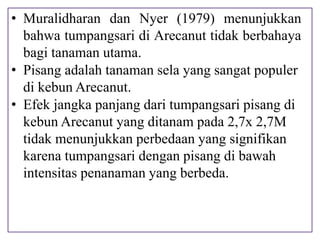 • Muralidharan dan Nyer (1979) menunjukkan
bahwa tumpangsari di Arecanut tidak berbahaya
bagi tanaman utama.
• Pisang adalah tanaman sela yang sangat populer
di kebun Arecanut.
• Efek jangka panjang dari tumpangsari pisang di
kebun Arecanut yang ditanam pada 2,7x 2,7M
tidak menunjukkan perbedaan yang signifikan
karena tumpangsari dengan pisang di bawah
intensitas penanaman yang berbeda.
 