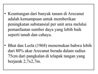 • Keuntungan dari banyak tanam di Arecanut
adalah kemampuan untuk memberikan
peningkatan substansial per unit area melalui
pemanfaatan sumber daya yang lebih baik
seperti tanah dan cahaya.
• Bhat dan Leela (1968) menemukan bahwa lebih
dari 80% akar Arecanut berada dalam radius
75cm dari pangkalan di telapak tangan yang
berjarak 2,7x2,7m.
 