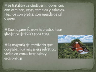 Se trataban de ciudades imponentes, con caminos, casas, templos y palacios. Hechos con piedra, con mezcla de cal y arena .