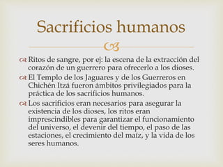 
 Ritos de sangre, por ej: la escena de la extracción del
corazón de un guerrero para ofrecerlo a los dioses.
 El Templo de los Jaguares y de los Guerreros en
Chichén Itzá fueron ámbitos privilegiados para la
práctica de los sacrificios humanos.
 Los sacrificios eran necesarios para asegurar la
existencia de los dioses, los ritos eran
imprescindibles para garantizar el funcionamiento
del universo, el devenir del tiempo, el paso de las
estaciones, el crecimiento del maíz, y la vida de los
seres humanos.
Sacrificios humanos
 