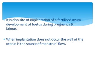  It is also site of implantation of a fertilised ovum
development of foetus during pregnancy &
labour.
 When implantatio...