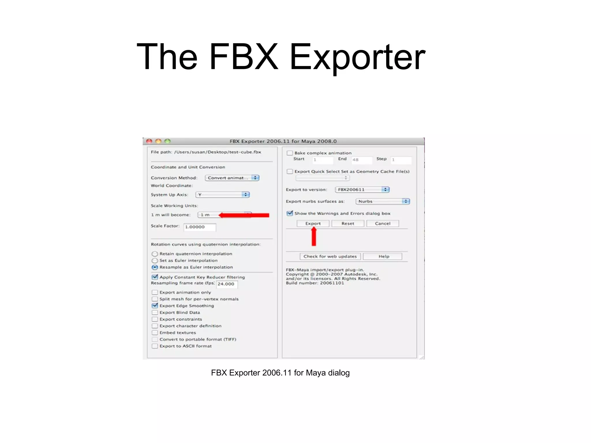 The FBX Exporter FBX Exporter 2006.11 for Maya dialog 