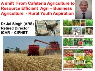 A shift From Cafeteria Agriculture to
Resource Efficient Agri – Business
Agriculture - Rural Youth Aspiration
Dr Jai Singh (ARS)
Retired Director
ICAR – CIPHET
 