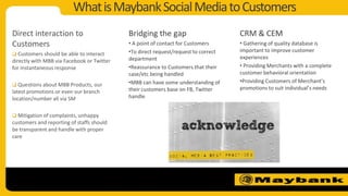 WhatisMaybankSocialMediatoCustomers
Direct interaction to
Customers
 Customers should be able to interact
directly with MBB via Facebook or Twitter
for instantaneous response
 Questions about MBB Products, our
latest promotions or even our branch
location/number all via SM
 Mitigation of complaints, unhappy
customers and reporting of staffs should
be transparent and handle with proper
care
Bridging the gap
• A point of contact for Customers
•To direct request/request to correct
department
•Reassurance to Customers that their
case/etc being handled
•MBB can have some understanding of
their customers base on FB, Twitter
handle
CRM & CEM
• Gathering of quality database is
important to improve customer
experiences
• Providing Merchants with a complete
customer behavioral orientation
•Providing Customers of Merchant’s
promotions to suit individual’s needs
 