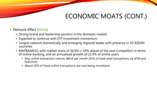 ECONOMIC MOATS (CONT.)
• Network Effect (Wide)
• Strong brand and leadership position in the domestic market
• Expected to continue with ETP investment momentum
• Largest network domestically and emerging regional leader with presence in 10 ASEAN
countries
• MAYBANK2U, with market share of 36.6% (>50% ahead of the next competitor) in terms
of online banking, and an annualised growth of 22.9% of online users
• Avg. online transaction volume: 88mil per month (55% of total retail transactions via ATM and
branches)
• About 10% of these online transactions are now being monetized.
 