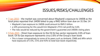 ISSUES/RISKS/CHALLENGES
• 7 Jan 2015 - the market was concerned about Maybank’s exposure to 1MDB as the
local press reported that 1MDB failed to pay a RM2 billion loan due on 31 Dec 14
• Maybank’s loan exposure to 1MDB could amount to RM5.5 billion.
• a 10% provisioning for this would trim Maybank’s FY15 net profit by 5.6%
• The risks would be reduced by the government’s guarantee and 1MDB’s listing plans
• 9 Feb 2015 - Direct loan exposure to the Oil & Gas sector represents 2.6% of loan
book. Oil & Gas exposure represents circa 2.6% of the Group’s loan book
• This is lower comparatively to some of its peers such as Ambank, CIMB and Affin which
have exposures of 3.5%, 3.5% and 4.0% to total loan book respectively.
 