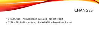 CHANGES
• 14 Apr 2016 – Annual Report 2015 and FY15 Q4 report
• 12 Nov 2015 – First write up of MAYBANK in PowerPoint format
 