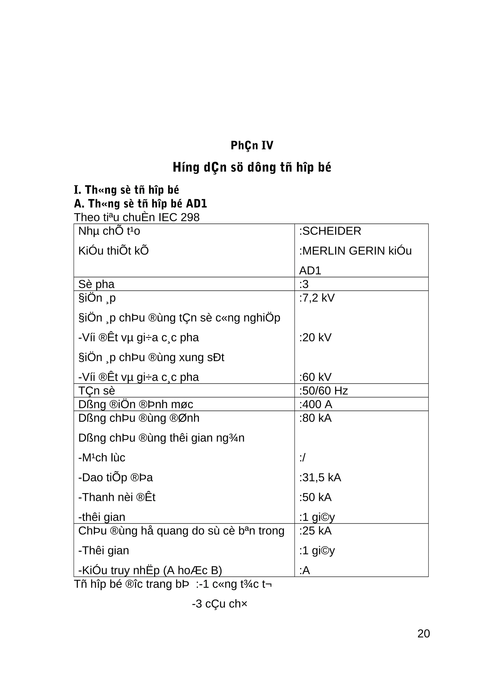 PhÇn IV
Híng dÇn sö dông tñ hîp bé
I. Th«ng sè tñ hîp bé
A. Th«ng sè tñ hîp bé AD1
Theo tiªu chuÈn IEC 298
Nhµ chÕ t¹o
KiÓu thiÕt kÕ
:SCHEIDER
:MERLIN GERIN kiÓu
AD1
Sè pha :3
§iÖn ¸p
§iÖn ¸p chÞu ®ùng tÇn sè c«ng nghiÖp
-Víi ®Êt vµ gi÷a c¸c pha
§iÖn ¸p chÞu ®ùng xung sÐt
-Víi ®Êt vµ gi÷a c¸c pha
:7,2 kV
:20 kV
:60 kV
TÇn sè :50/60 Hz
Dßng ®iÖn ®Þnh møc :400 A
Dßng chÞu ®ùng ®Ønh
Dßng chÞu ®ùng thêi gian ng¾n
-M¹ch lùc
-Dao tiÕp ®Þa
-Thanh nèi ®Êt
-thêi gian
:80 kA
:/
:31,5 kA
:50 kA
:1 gi©y
ChÞu ®ùng hå quang do sù cè bªn trong
-Thêi gian
-KiÓu truy nhËp (A hoÆc B)
:25 kA
:1 gi©y
:A
Tñ hîp bé ®îc trang bÞ :-1 c«ng t¾c t¬
-3 cÇu ch×
20
 