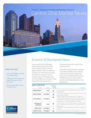 MAY 2011 / PRODUCED BY COLLIERS INTERNATIONAL RESEARCH

                               Central Ohio Market News




                               Economic & Development News
                               • A new study from the Brookings                     Grandview Yard and an increase in the
                               Institute found that the Central Ohio                university district.
                               Transit Authority (COTA) “excels at
INSIDE THIS ISSUE                                                                   • Columbus-based real estate investment
                               getting workers to offices in downtown
                                                                                    trust, Glimcher Realty Trust, lost $5.98
                               Columbus, but could improve at moving
- Former B&T Metals property                                                        million in the first quarter. Most of the
  being demolished             commuters to construction sites or
                                                                                    loss came from additional costs tied to a
                               suburban stores.” COTA plans to add
- JPMorgan Chase’s Gahanna                                                          2010 deal to buy out its joint venture
                               more than 30,000 hours of service a year
  expansion expected to be                                                          partners in the Scottsdale Quarter retail
                               through 2015 with new service to
  permanent                                                                         development.

- Discount Drug Mart centers   MARKET INDICATORS                Positive Or
  changed hands                           Trend      Location
                                                                  Negative
                                                                     Trend                                                             Comments

                                UNEMPLOYMENT           OHIO
                                                                  +           The state’s unemployment rate dipped to 8.6 percent in from 8.9
                                                                              percent in April

                                UNEMPLOYMENT      COLUMBUS
                                                                  +           Central Ohio’s unemployment rate decreased to 7.3 percent in April
                                                                              from 7.6 percent in March


                                SUSTAINABILITY    COLUMBUS
                                                                  +           The U.S. Chamber of Commerce Business Civic Leadership
                                                                              Center and the Siemens Corporation named Columbus one of their
                                                                              three finalists for the Siemens Sustainable Community Awards in
                                                                              the category of U.S. cities with population over 500,000

                                  FORTUNE 500
                                    COMPANIES
                                                       OHIO       +           Ohio had a total of 27 Fortune 500 companies in the latest ranking,
                                                                              up four companies from 2010 and No. 5 in the nation, led by New
                                                                              York with 57.

                                   HOME SALES     COLUMBUS        -           Home sales fell in April compared to April 2010 by 12.5 percent to
                                                                              9,119 units
                                LARGEST CITIES    COLUMBUS        +           Columbus regained the position of the 15th largest city in the U.S.


                                                                                                                          www.colliers.com
 