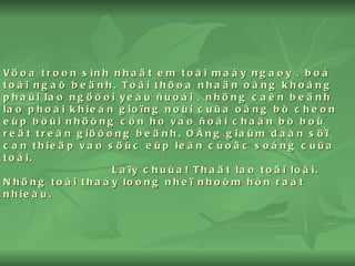 Vöøa troøn sinh nhaät em toâi maáy ngaøy , boá toâi ngaõ beänh. Toâi thöøa nhaän oâng khoâng phaûi laø ngöôøi yeáu ñuoái , nhöng caên beänh lao phoåi khieán gioïng noùi cuûa oâng bò cheøn eùp bôûi nhöõng côn ho vaø ñoâi chaân bò boù reät treân giöôøng beänh. OÂng giaûm daàn söï can thieäp vaø söùc eùp leân cuoäc soáng cuûa toâi.   Laïy chuùa! Thaät laø toäi loãi. Nhöng toâi thaáy loøng nheï nhoõm hôn raát nhieàu. 