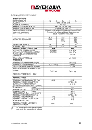 © 2013 Mayekawa France SARL 21
2.3.2 Spécifications techniques
SPECIFICATIONS
COMPRESSEURS 4L 6L 8L
FLUIDES HCFC / HFC & NH3
ALESAGE X COURSE 115 x 90
REFROIDISSEMENT TETE DE EAU (-W.) ou AIR (-A.)
REFROIDISSEMENT D’HUILE EAU(-.W) ou DX (-.D)
TYPE D’ACCOUPLEMENT ACCOUPLEMENT DIRECT or POULIE-COURROIE
CONTROL CAPACITE
Pression hydraulique gérée par électrovannes
SOUS-TENSION = CHARGE
VARIATION DE CHARGE
50% 33% 25%
100% 66% 50%
100% 75%
100%
CHARGE EN HUILE (l) 25 25 25
POIDS NET (kg) 570 675 785
PARAMETRES DE CONCEPTON MIN MAX
VITESSE DU COMPRESSEUR 970 RPM 1750 RPM
VITESSE UNITE POULIE-COURROIE 970 RPM 1500 RPM
PUISSANCE ABSORB2E POULIE-
COURROIE
145 kW
TAUX DE COMPRESSION ≤ 9 (NH3)
PRESSIONS
PRESSION DE REFOULEMENT (Pd) 21 bar(a)
PRESSION ASPIRATION (Ps) -0,733 bar(a) 7 bar(a)
DIFFERENTIEL DE PRESSION PD-PS 14,7 bar
PRESSION ALIMENTATION EN HUILE
(Phuile)
REGLAGE PRESSION Ps + 2 bar
Ps + 1 bar Ps + 4 bar
TEMPERATURES
TEMPERATURE EVAPORATION (Te) -30°C 13°C
TEMPERATURE CONDENSATION 50°C (NH3)
SURCHAUFFE REFOULEMENT
(pour éviter condensation dans tuyauterie)
≥ 15 K
SUCHAUFFE
ASPIRATION (Sh)
NH3. 15°C
CFC, HCFC 30°C
TEMPERATURE
REFOULEMENT (Td)
NH3. 140°C
CFC, HCFC 135°C
TEMPERATURE ASPIRATION (Ts) 28°C (NH3)
TEMPERATURE AMBIANCE -7°C 50°C
TEMPERATURE DE L’HUILE POUR
ALIMENTATION (Toil)
30°C 50°C
TEMPERATURE DU LIQUIDE DE
REFROIDISSEMENT
15°C * 50°C **
(*) A l’entrée des couvercles de culasse
(**) A la sortie des couvercles de culasse
 