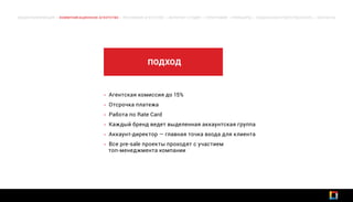 • Агентская комиссия до 15%
• Отсрочка платежа
• Работа по Rate Card
• Каждый бренд ведет выделенная аккаунтская группа
• Аккаунт-директор — главная точка входа для клиента
• Все pre-sale проекты проходят с участием
топ-менеджмента компании
ОБЩАЯ ИНФОРМАЦИЯ | КОММУНИКАЦИОННОЕ АГЕНТСТВО | РЕКЛАМНОЕ АГЕНТСТВО | ИНТЕРНЕТ-СТУДИЯ | ТИПОГРАФИЯ | ПРИНЦИПЫ | СОЦИАЛЬНАЯ ОТВЕТСТВЕННОСТЬ | КОНТАКТЫ
ПОДХОД
 