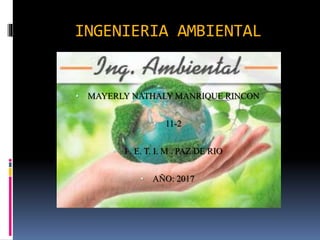 INGENIERIA AMBIENTAL
• MAYERLY NATHALY MANRIQUE RINCON
• 11-2
• I . E. T. I. M . PAZ DE RIO
• AÑO: 2017
 